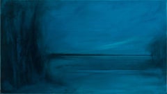 Envuelto en quietud II: pintura al óleo de un malhumorado paisaje azul sobre hojalata lavada al ácido