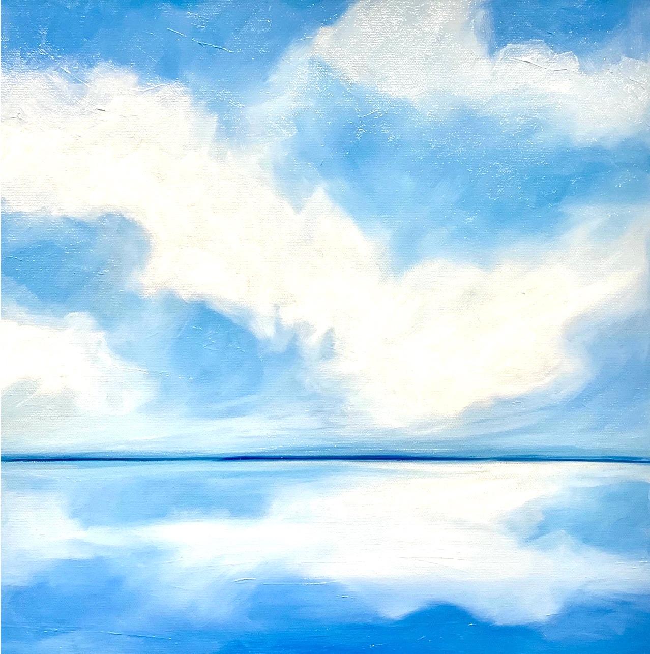 Cielo de verano azul 1: pintura al óleo contemporánea con agua, nubes, cielo, lago - Abstract Painting Azul de Kirby Frendendall