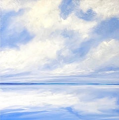 Summer Skies Blue 1: contemporary oil painting with water, clouds, sky, lake
