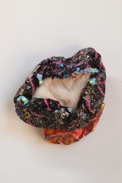 On my way home - wall hanging sculpture, textural, white fur, black and pink
