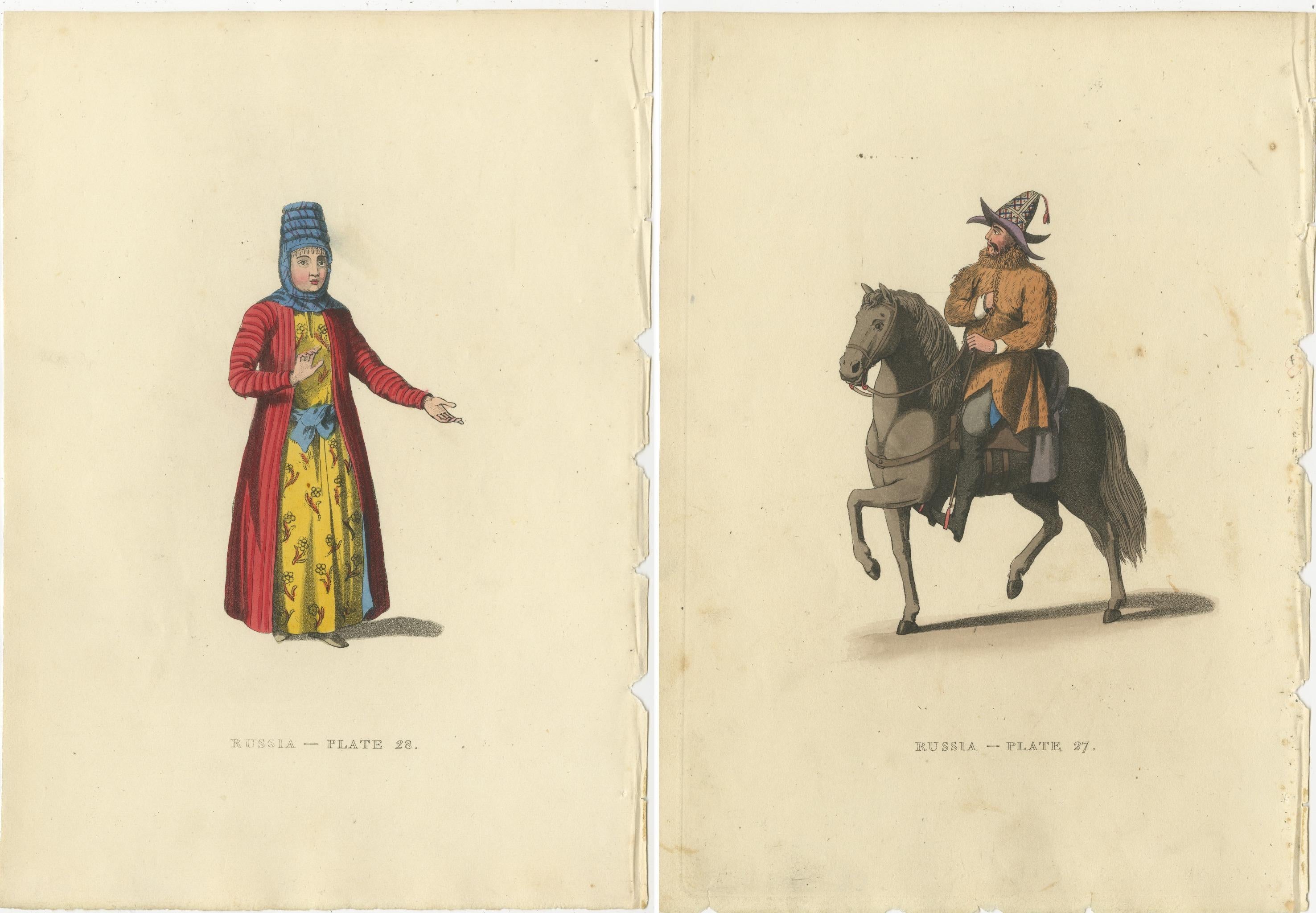 The two engravings vividly capture the traditional attire of the Kirghiz, a group native to the steppes of Central Asia.

1. The first engraving portrays a Kirghiz man mounted on horseback. The man is dressed in a fur-lined coat, reflecting the need