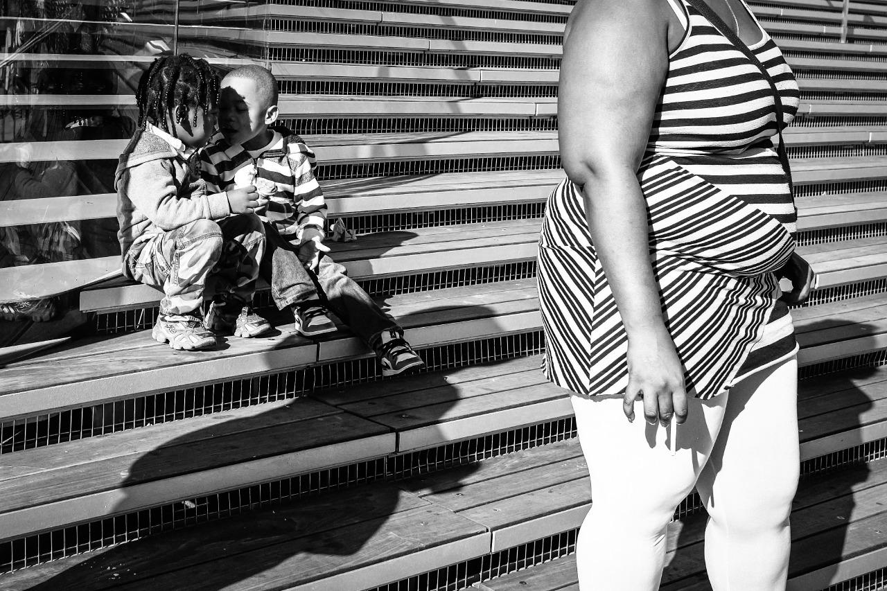 Stripes & Kisses, Chicago, Geometric Patterns, 2 Children Kissing, B&W Photo