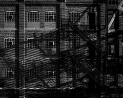 West Loop, Chicago, Industrial Brick Facade w/ Fire Escapes & Shadows, B&W Photo