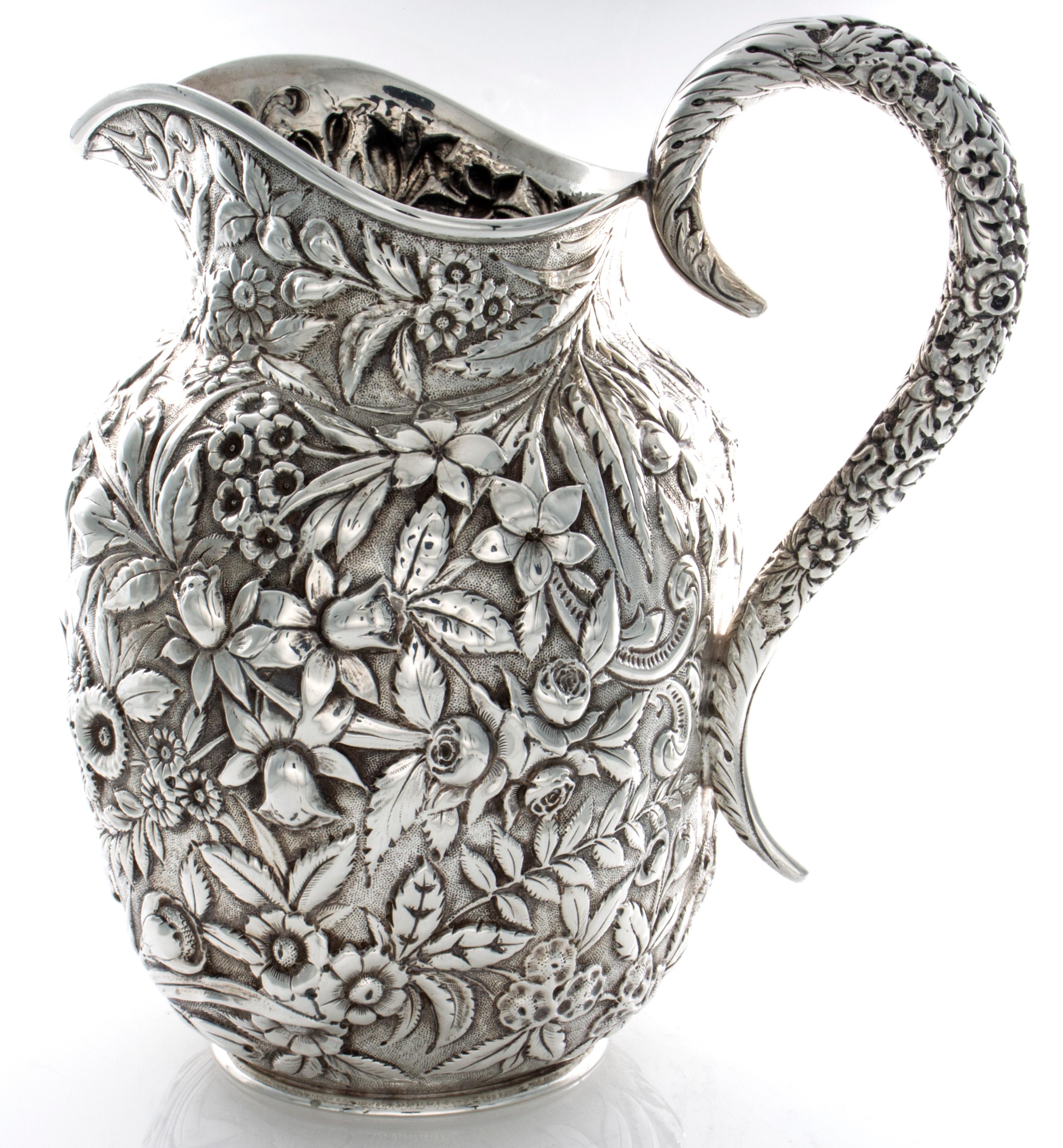 Kirk Repousse Sterling Floral Pitcher 1868-1890 In Good Condition For Sale In Mobile, AL