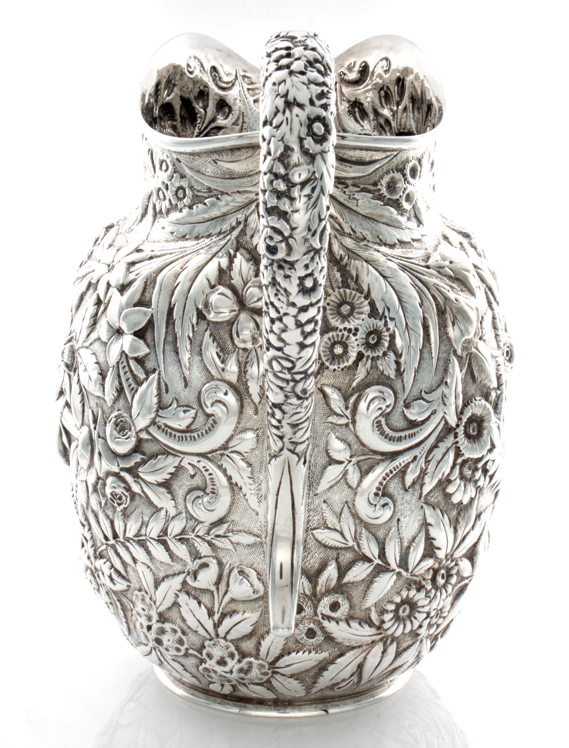 Women's or Men's Kirk Repousse Sterling Floral Pitcher 1868-1890 For Sale