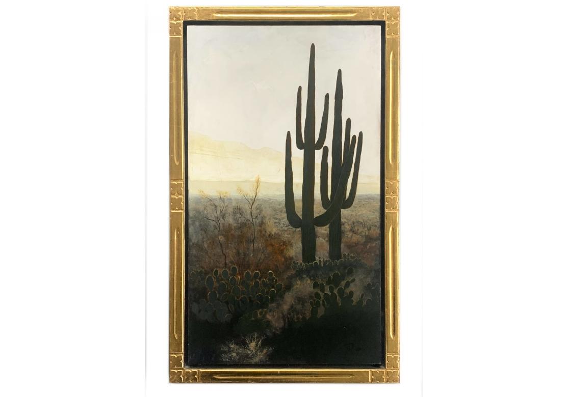 Kirk Tatom è stato uno dei principali intagliatori di pietra di Santa Fe per quasi 20 anni e nel 1997 è passato dall'intaglio della pietra ad artista di successo.

Olio su tavola raffigurante la silhouette di un cactus Silhouette in primo piano,