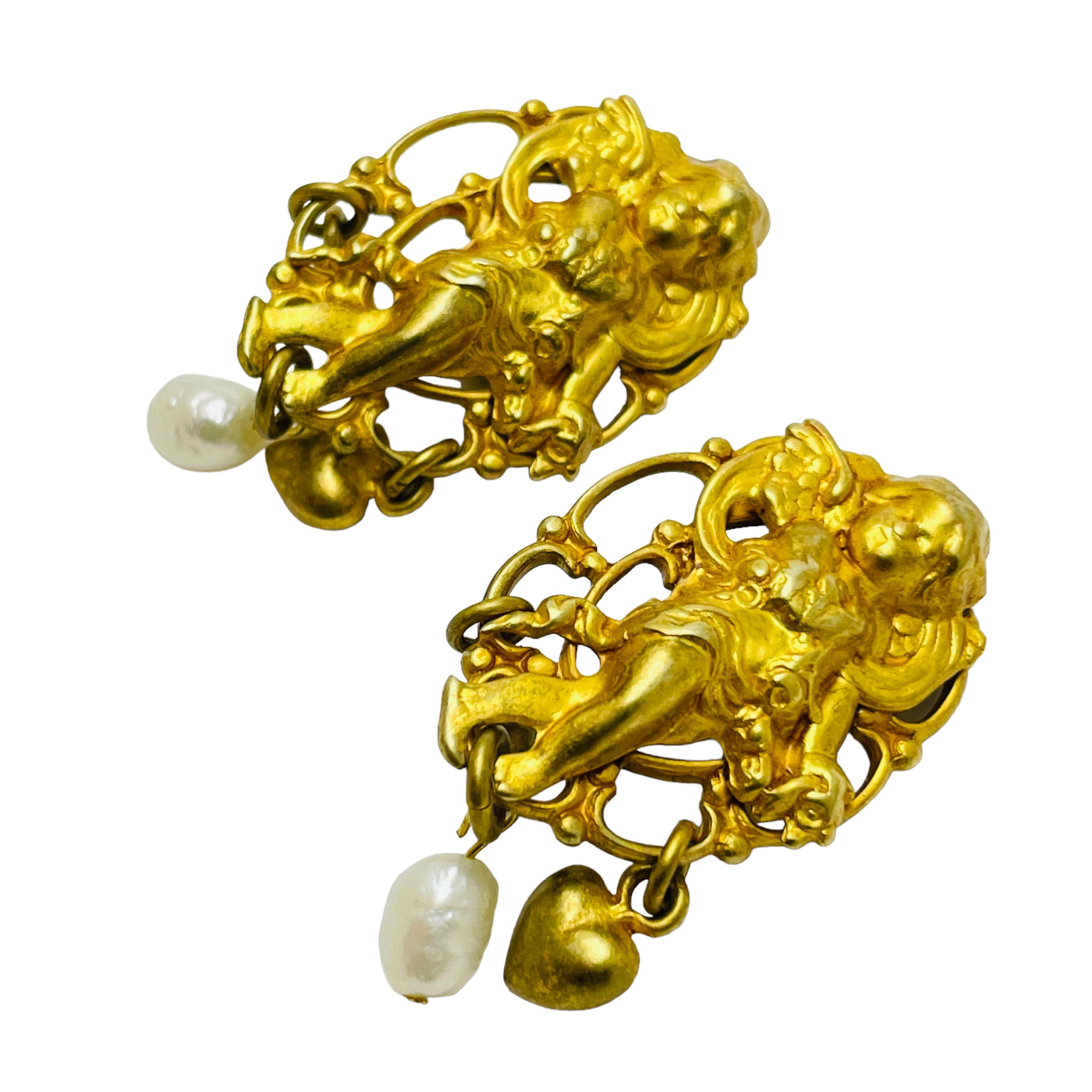 Women's or Men's KIRKS FOLLY gold cherub dangle pearl heart designer clip on earrings For Sale