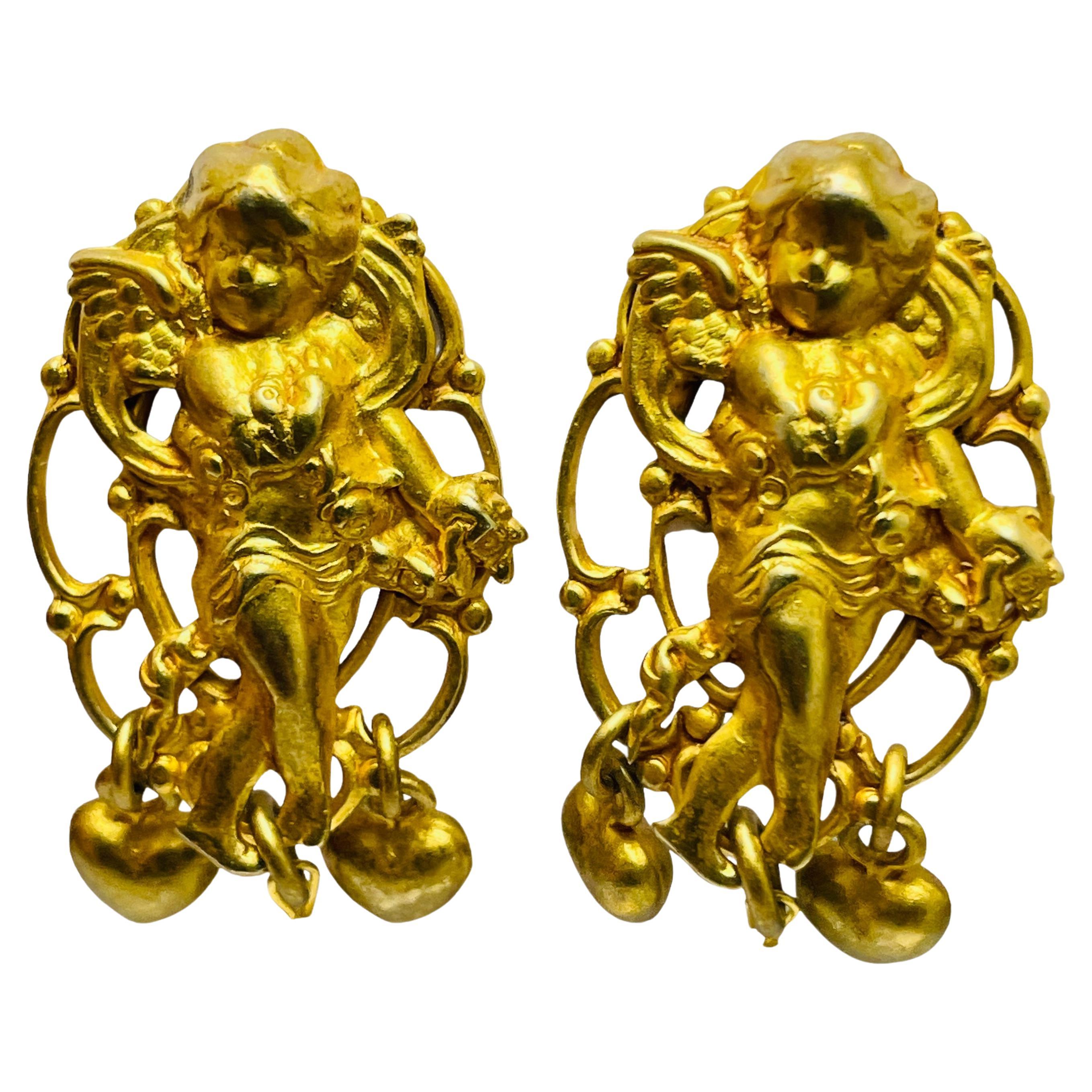 KIRKS FOLLY gold cherub dangle pearl heart designer clip on earrings