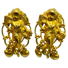 Vintage KIRKS FOLLY gold cherub dangle pearl heart designer clip on earrings