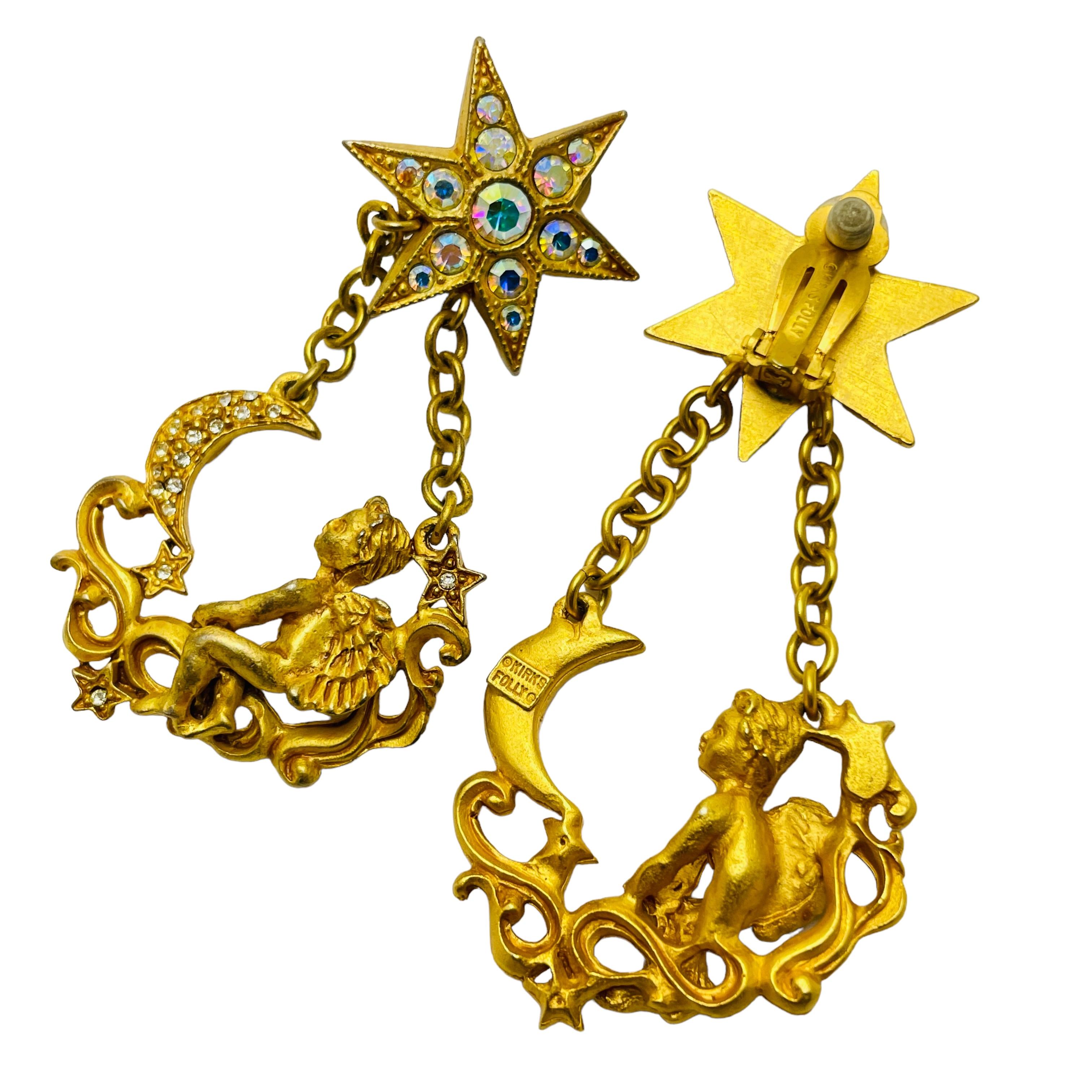 KIRKS FOLLY gold cherub star moon dangle designer clip on earrings In Good Condition For Sale In Palos Hills, IL