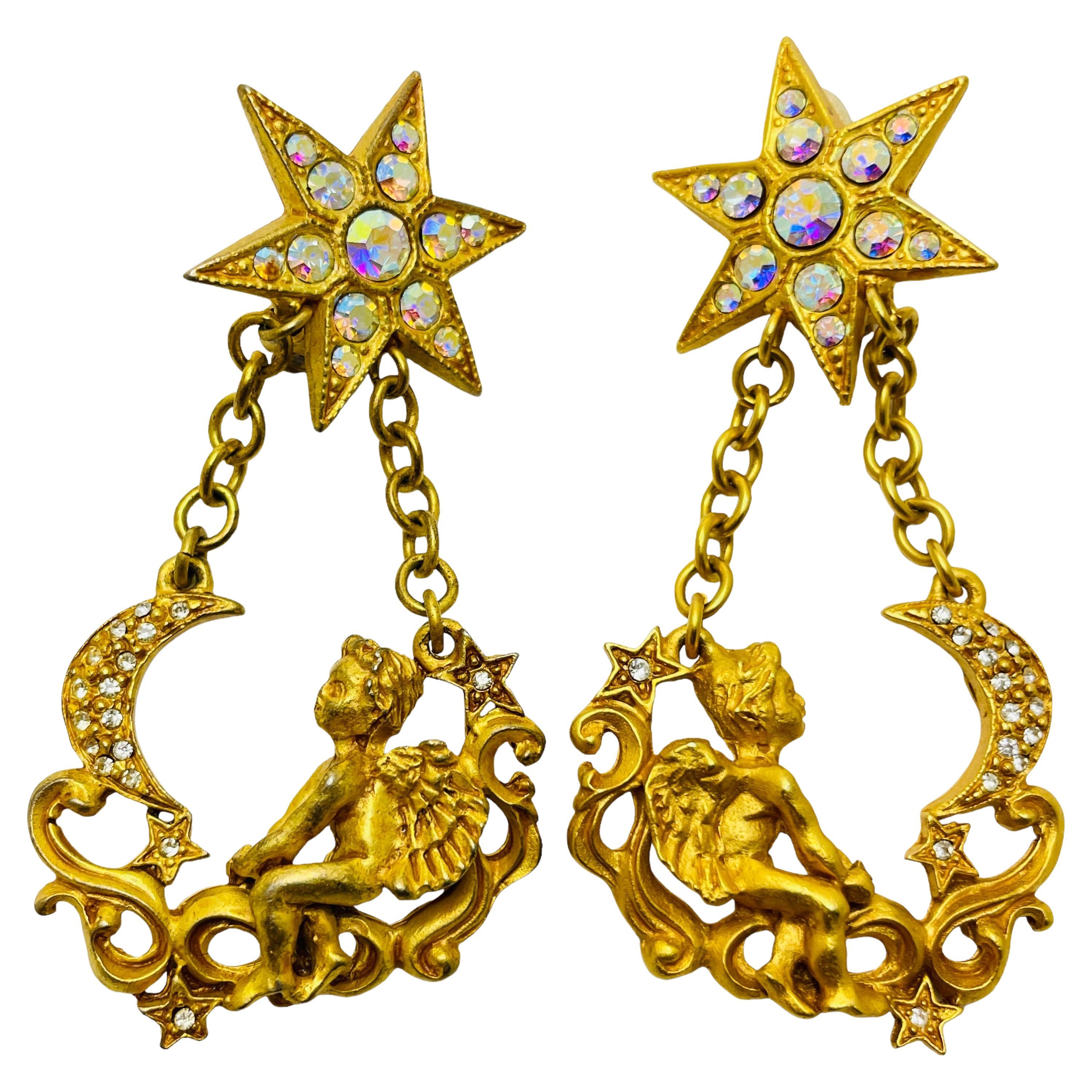 KIRKS FOLLY gold cherub star moon dangle designer clip on earrings