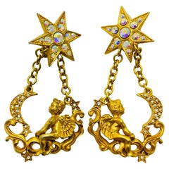 Vintage KIRKS FOLLY gold cherub star moon dangle designer clip on earrings