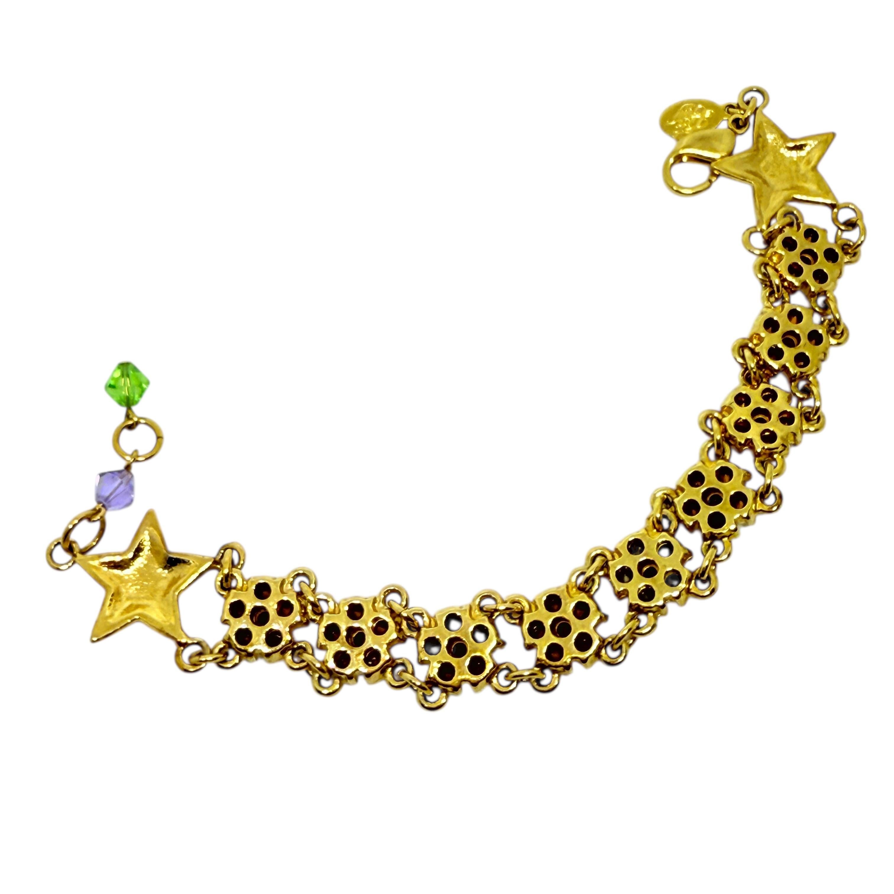 KIRKS FOLLY signed vintage gol tone star flower crystal designer bracelet In Good Condition For Sale In Palos Hills, IL