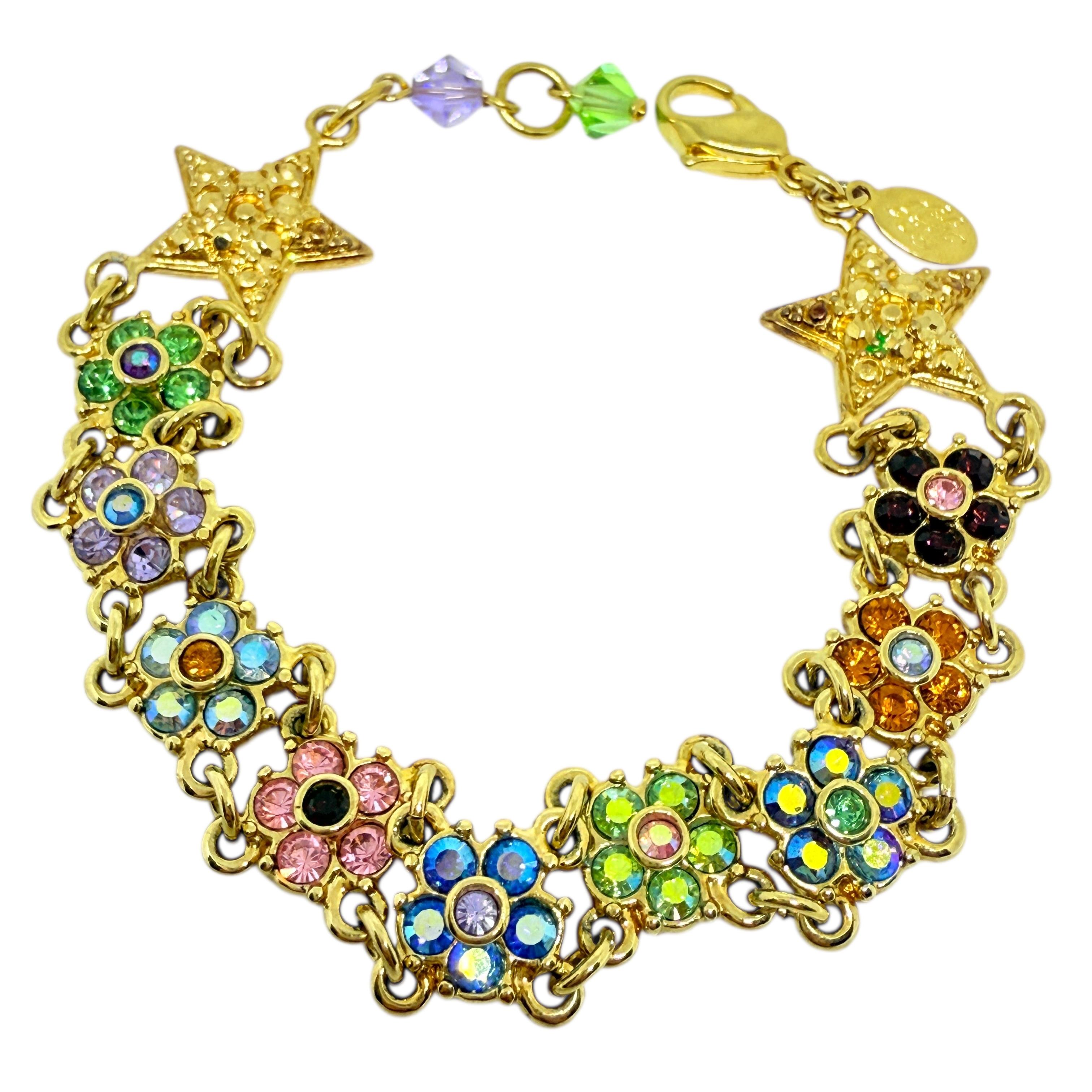 KIRKS FOLLY signed vintage gol tone star flower crystal designer bracelet For Sale 2