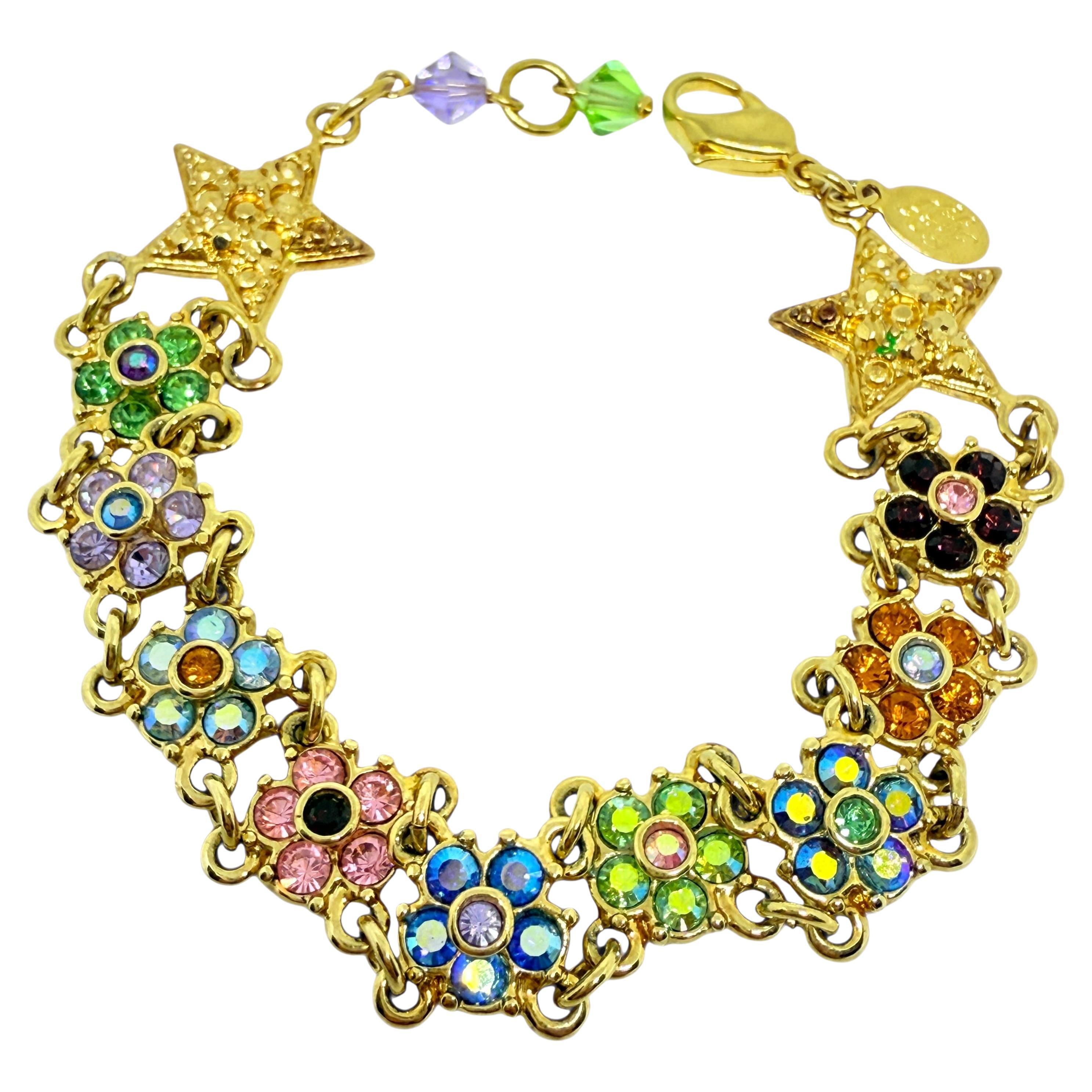 KIRKS FOLLY signé vintage gol tone star flower crystal designer bracelet
