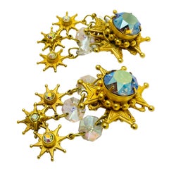 KIRKS FOLLY signed vintage gold dangle stars crystals designer clip on earrings