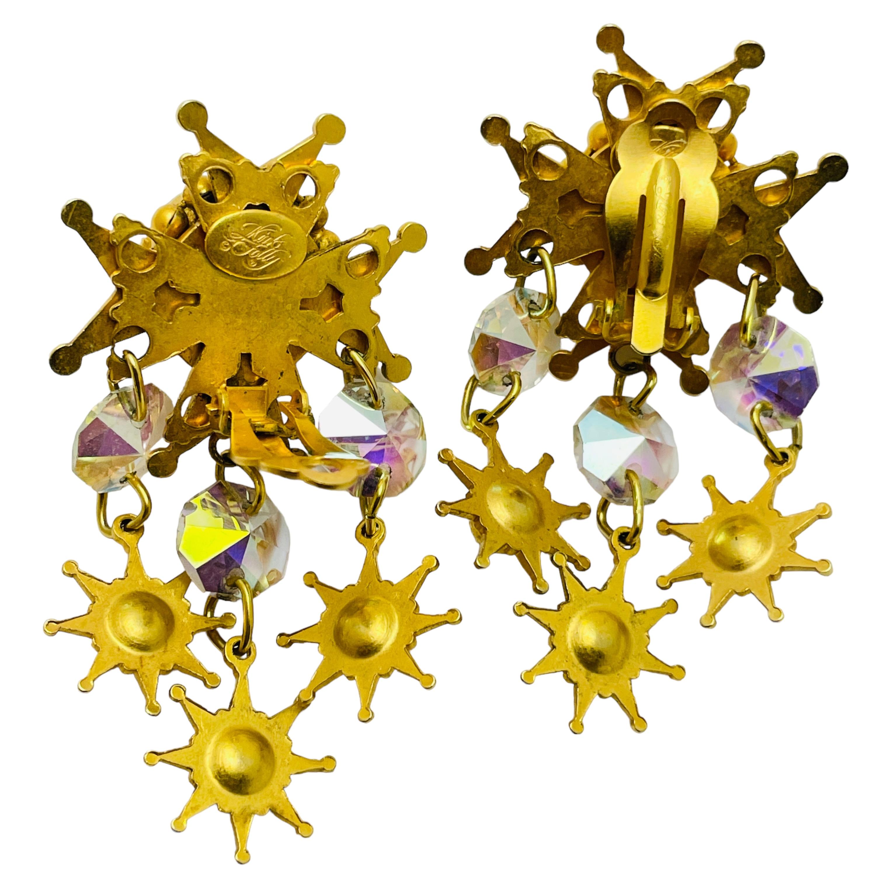 KIRKS FOLLY signed vintage gold dangle stars crystals designer clip on earrings In Good Condition For Sale In Palos Hills, IL