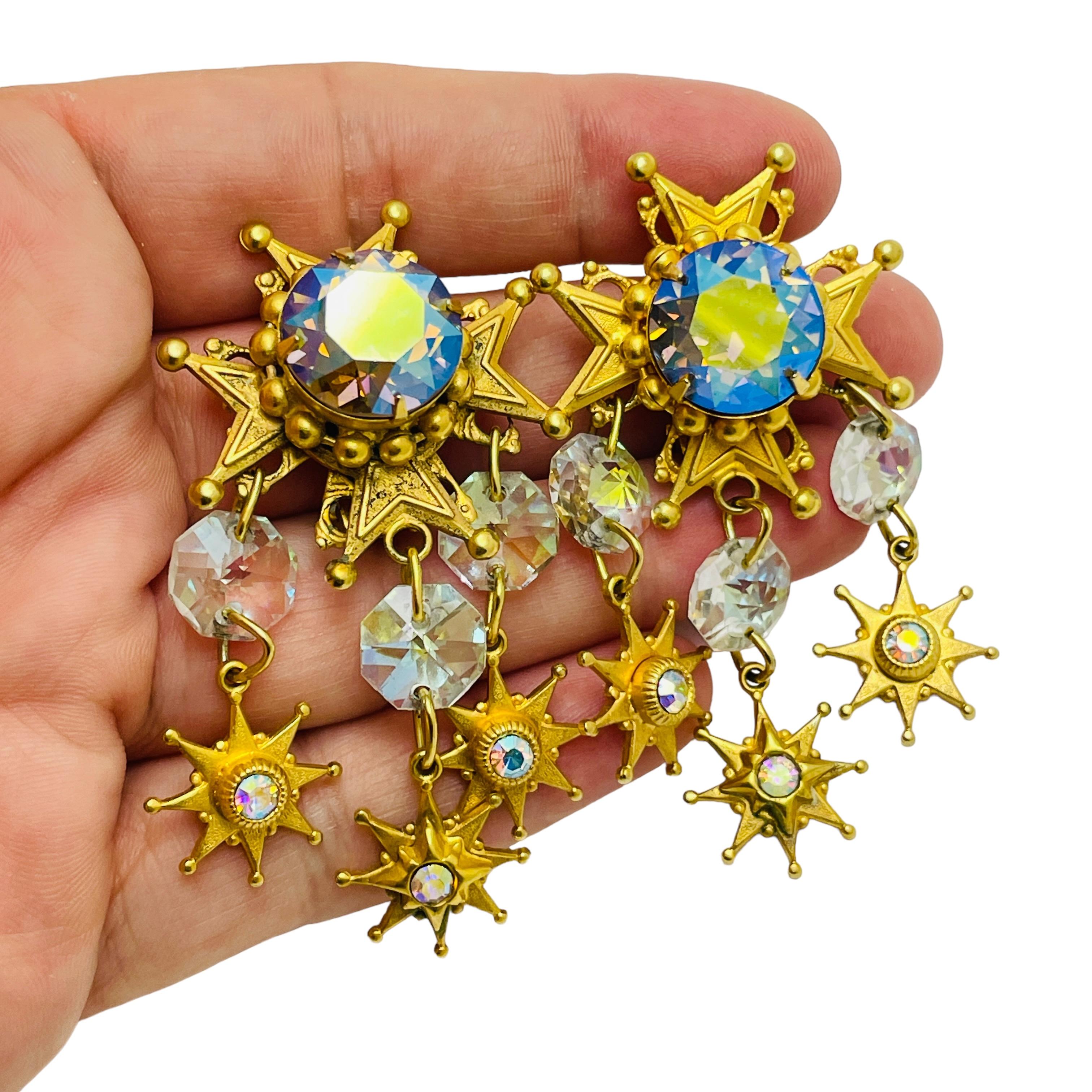 Women's KIRKS FOLLY signed vintage gold dangle stars crystals designer clip on earrings For Sale