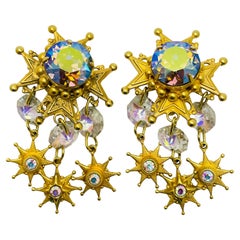 KIRKS FOLLY signierte Vintage Gold-Ohrringe mit Sternen-Kristallen und Designer-Clip auf Ohrringen