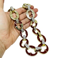 KIRKS FOLLY signed vintage gold red enamel rhinestones massive chain necklace