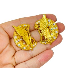 KIRKS FOLLY signed vintage gold tone ab crystals designer clip on earrings