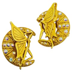 KIRKS FOLLY signed vintage gold tone ab crystals designer clip on earrings
