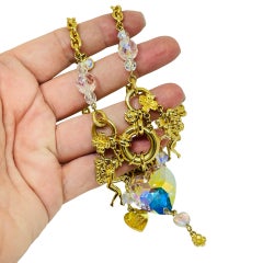 KIRKS FOLLY signed vintage gold tone cherubs crystal hearts chain charm necklace