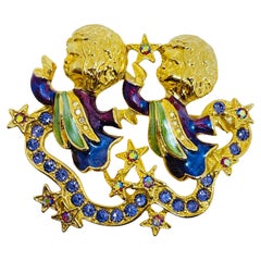 KIRKS FOLLY signed Vintage gold tone enamel crystals angels designer brooch