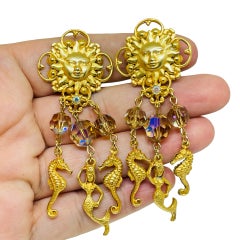 KIRKS FOLLY signed vintage gold tone sun sea crystals designer clip on earrings