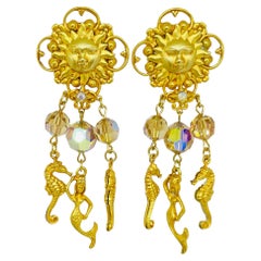 KIRKS FOLLY signed vintage gold tone sun sea crystals designer clip on earrings