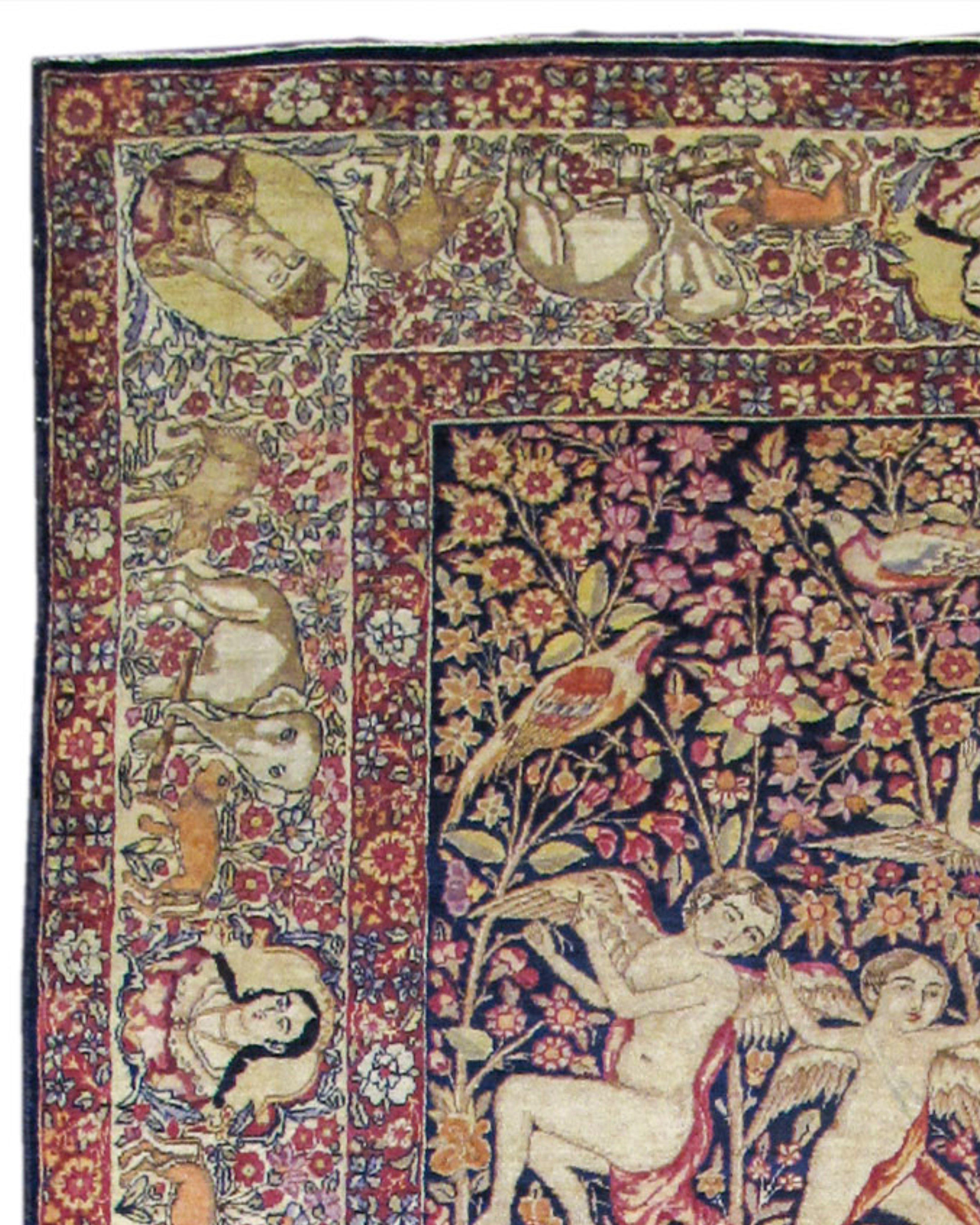 Hand-Woven Antique Persian Kirman Pictorial Rug, 19th Century For Sale