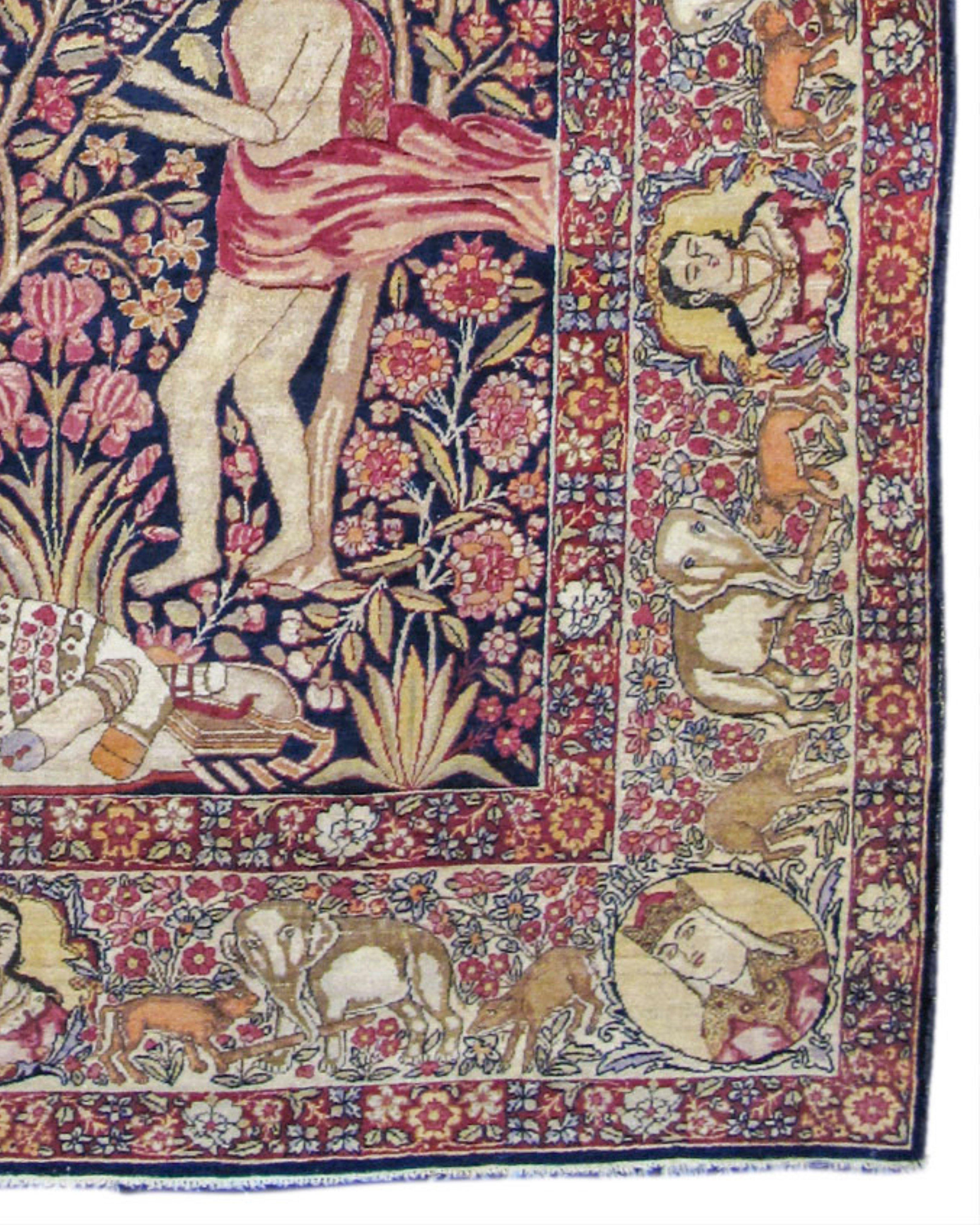 Wool Antique Persian Kirman Pictorial Rug, 19th Century For Sale