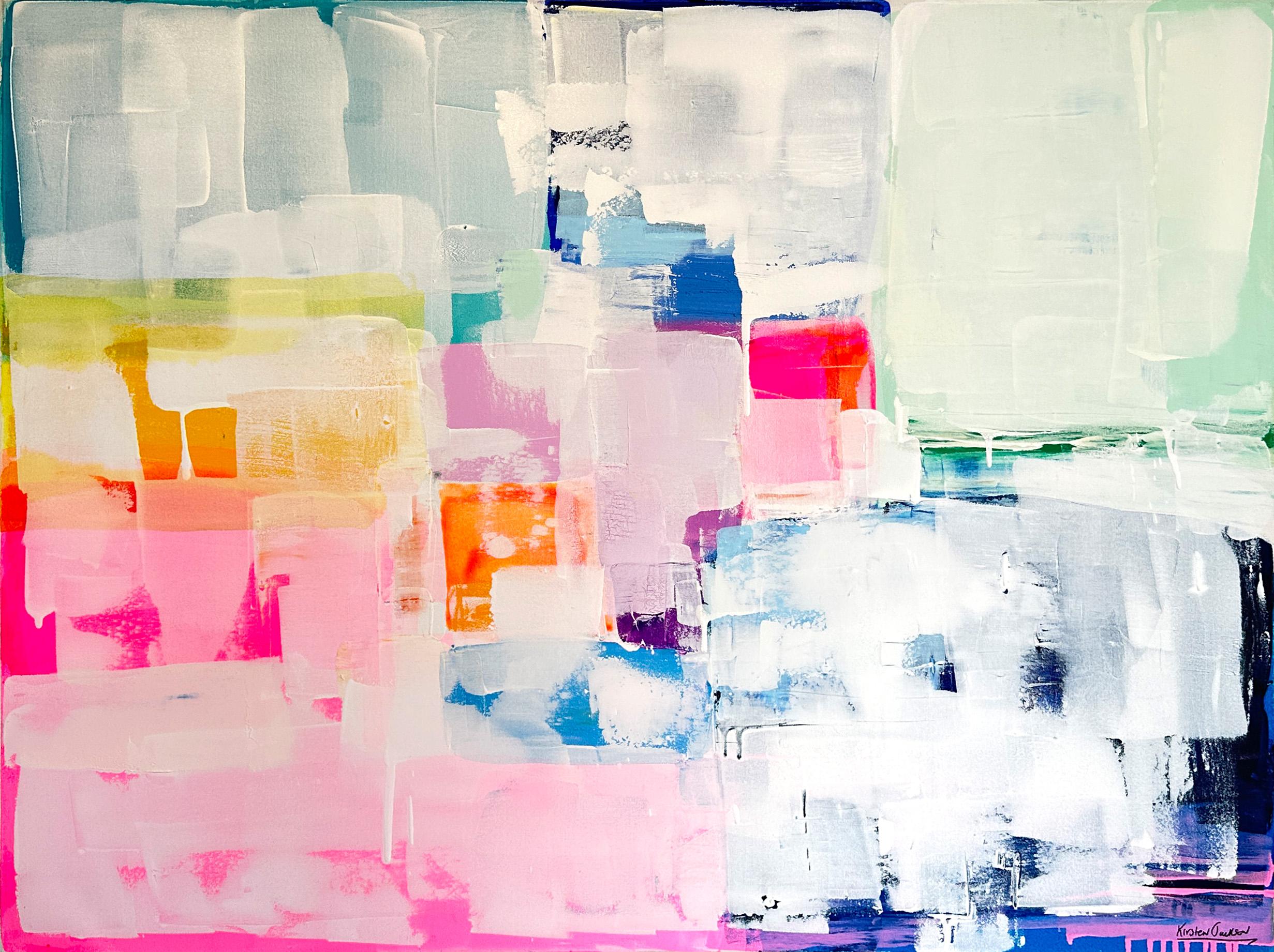 Kirsten Jackson creates vibrant abstract paintings filled with sunny color blocks, showcasing her contemporary and original style. Fiercely independent, this Australian artist aims to fill the world with radiant beacons of painted