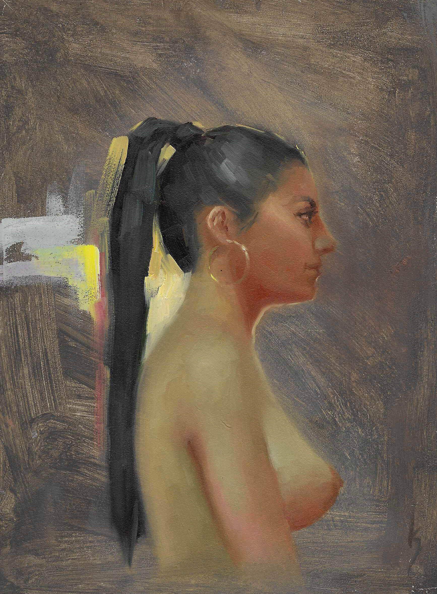 "Carrying the Fire Within" (2025), portrait de femme nue, peinture à l'huile sur panneau