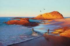 "Luogo felice" (2024) Pittura a olio originale, scena di spiaggia calda