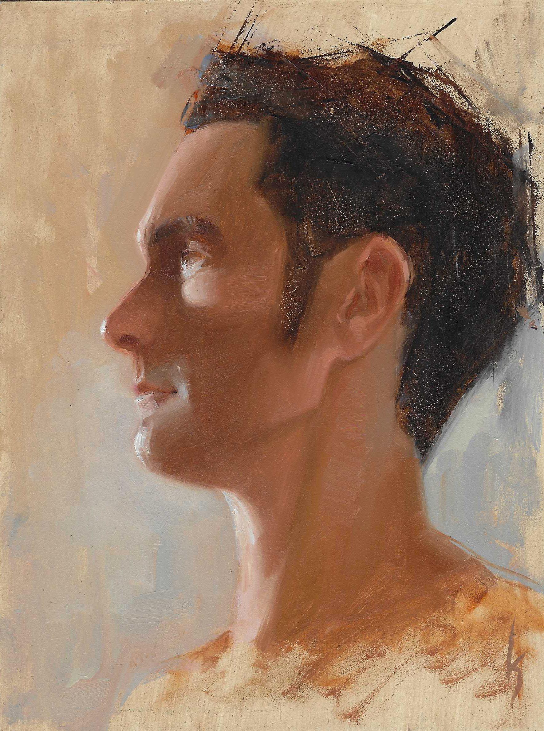 "Knowing" by Kirsten Savage is an original, handmade oil painting on panel that depicts a close up profile portrait of a man.

Kirsten Savage is one of Colorado’s top representational artists. As an avid world traveler and experienced mountaineer,