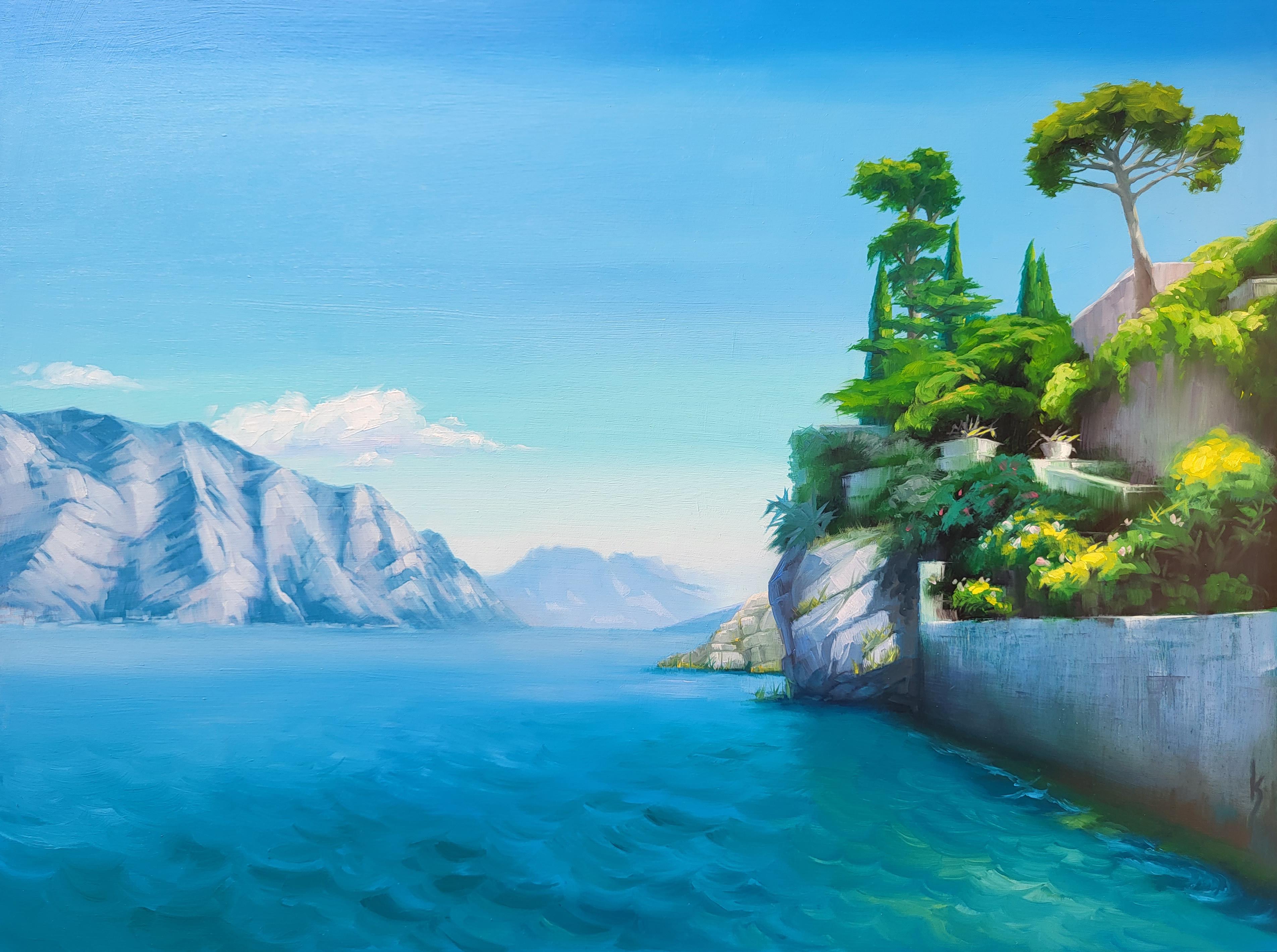 Lago de Garda" (2023), de Kirsten Savage, es una pintura vívida y colorista de una costa serena con exuberante vegetación sobre aguas azules cristalinas.

Kirsten Savage es una de las mejores artistas representativas de Colorado. Como ávida viajera