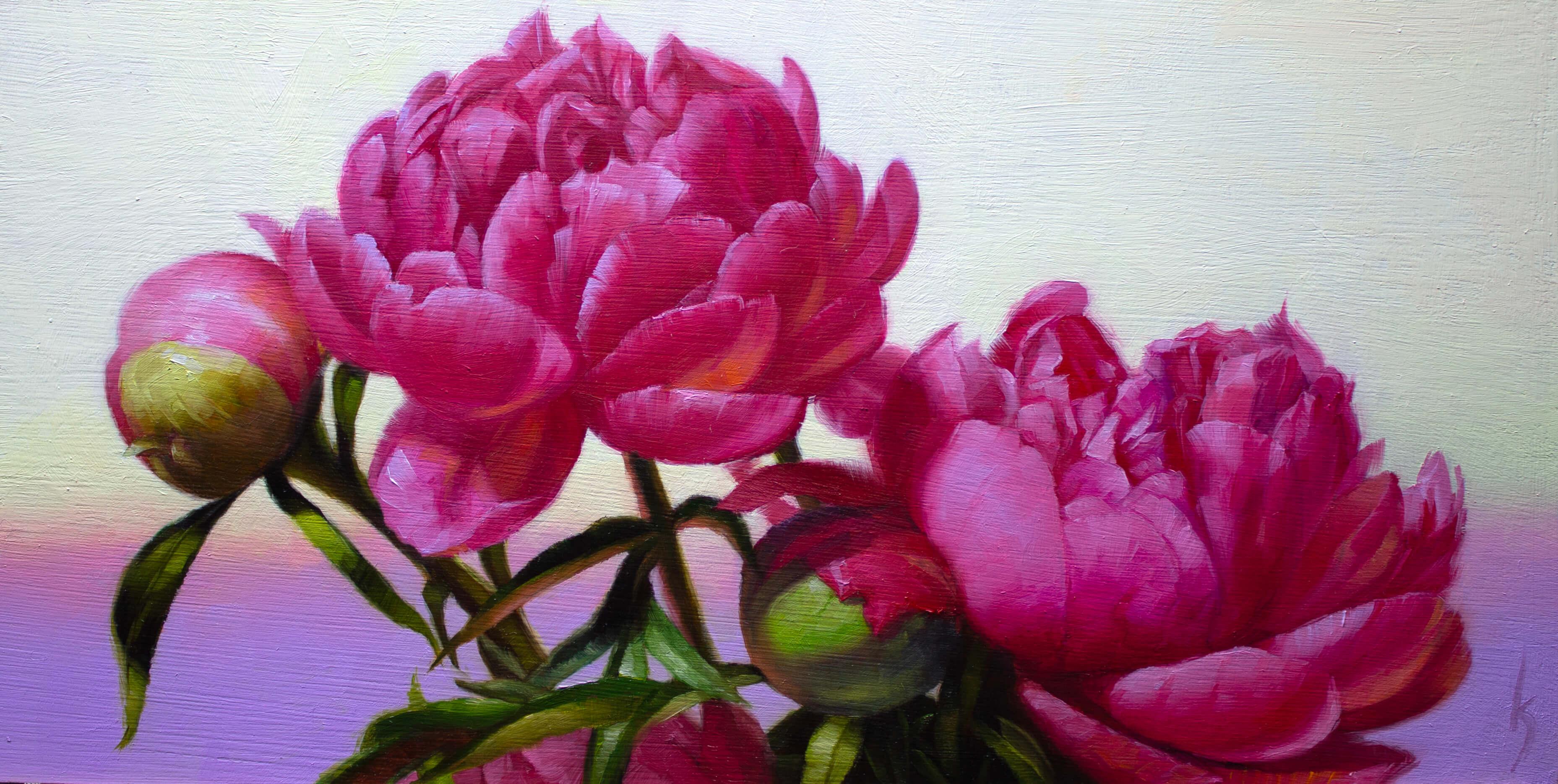 "Día de la madre" de Kirsten Savage es una pintura al óleo sobre tabla original, hecha a mano, que representa brillantes peonías rosas. 

Declaración del artista:

Éstas son las peonías que le llevé a mi madre el Día de la Madre de este año. A