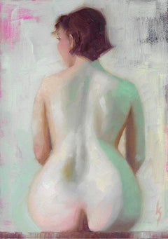"Peachy Keen" (2025), ritratto femminile nudo, pittura a olio su pannello