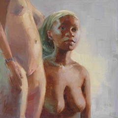 "Assis et debout" (2025), Portrait nu de deux femmes, peinture à l'huile