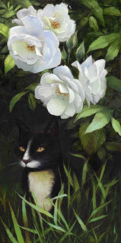 "Sneaky Kitty" (2025), peinture originale à l'huile de nature morte d'animaux et de flore