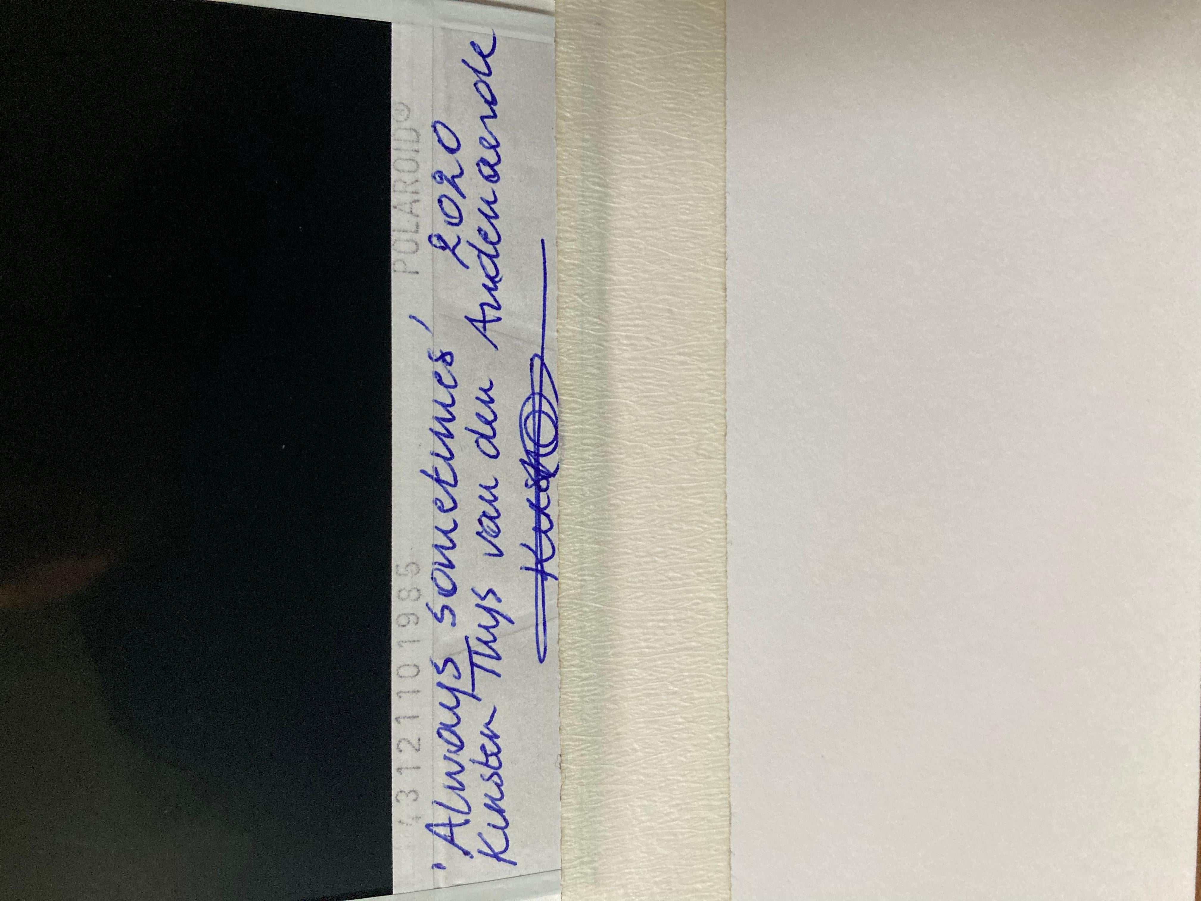 Always Sometimes - 2020

Original Polaroid - Unique Piece, 
signed and titled on back. 

7.8 x 7,7cm (image area)
10.7 x 8.7 cm ( including white Polaroid frame)
Artist inventory PL2017-198.
Matte 20.2x25.5cm.

Kirsten Thys van den Audenaerde is a