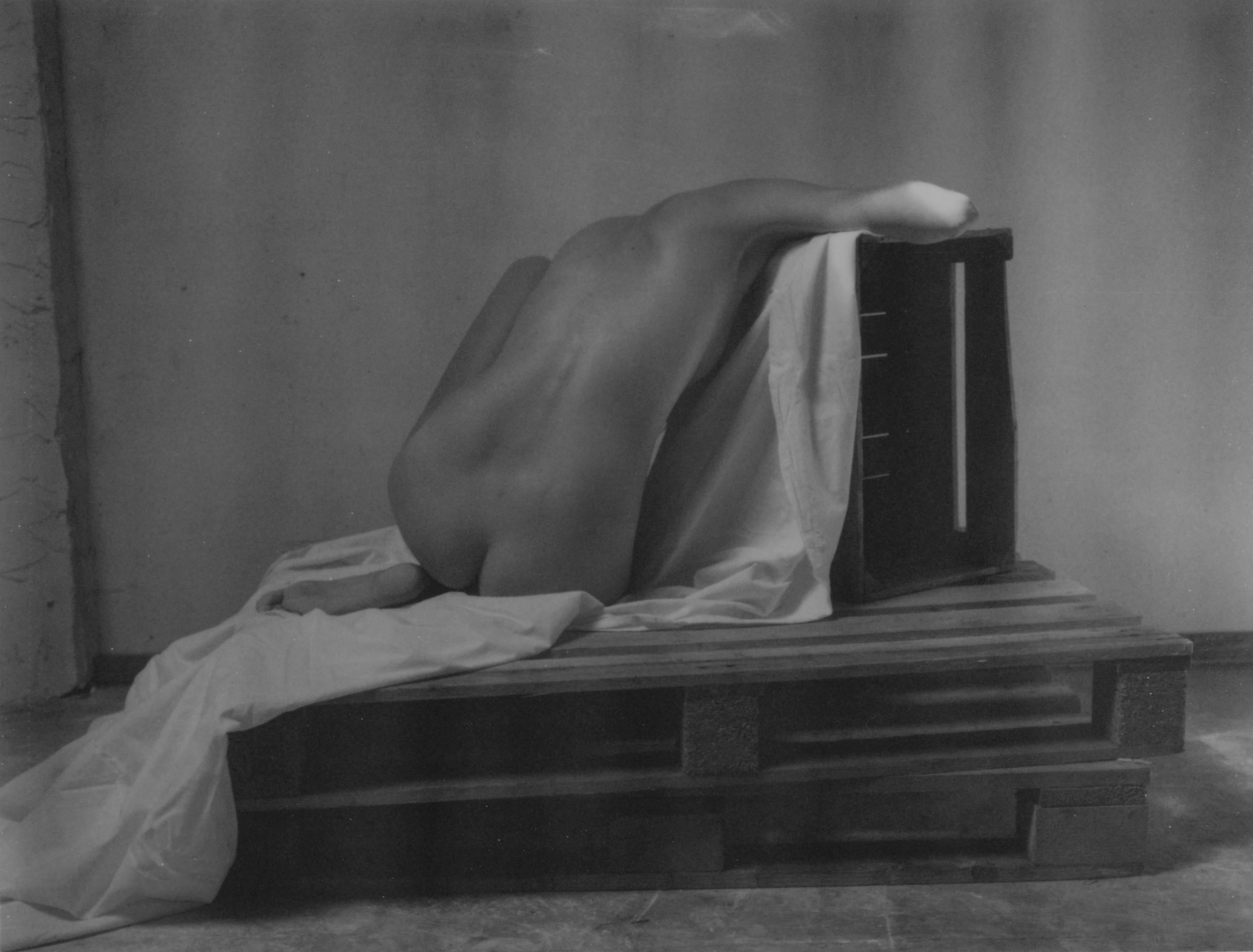 Kirsten Thys van den Audenaerde Black and White Photograph - Over my Head - Contemporary, Polaroid, Black and White, Women, Nude
