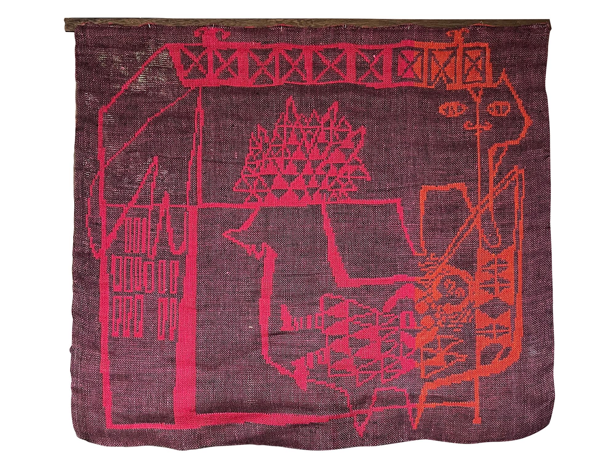 Woven linen in brilliant orange and hot pink depicting a modernist cat and bird created by the Finnish textile designer and pioneer of fiber art, Kirsti Rantanen for Vuorelma Oy of Finland circa 1960's. Piece measures 37