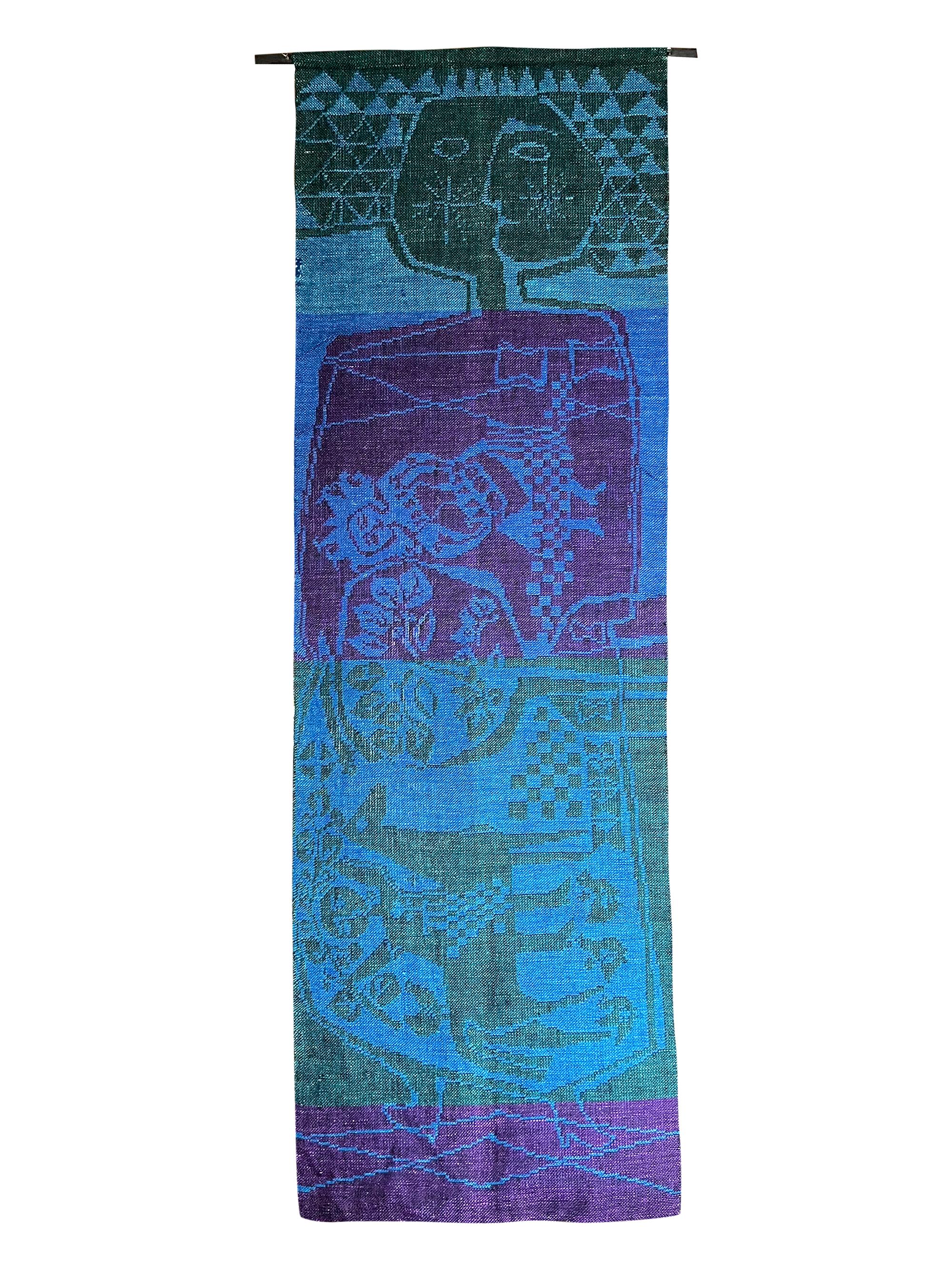 Woven linen in brilliant blues, green and purple depicting a figure on a horse and stylized trees all within a larger male figure, created by the Finnish textile designer of fiber art Kirsti Rantanen of Finland, circa 1960's. Piece measures 80