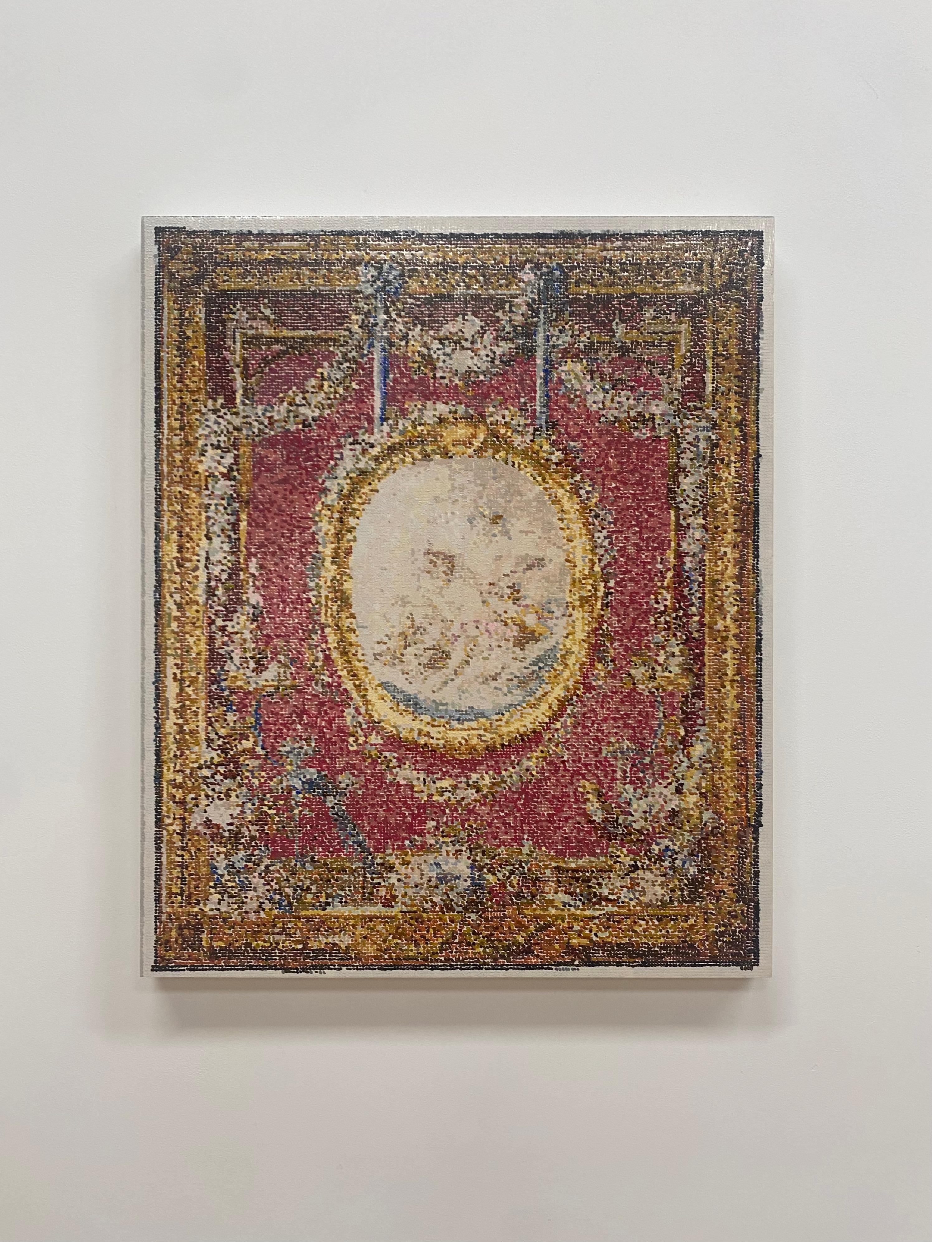 In this painted embroidery, an ornate french tapestry in brick red, gold and ivory with royal blue details on is carefully painted in colorful dots in acrylic and gouache on Duralar mounted on panel. Signed and dated on verso.

Kirstin Lamb’s
