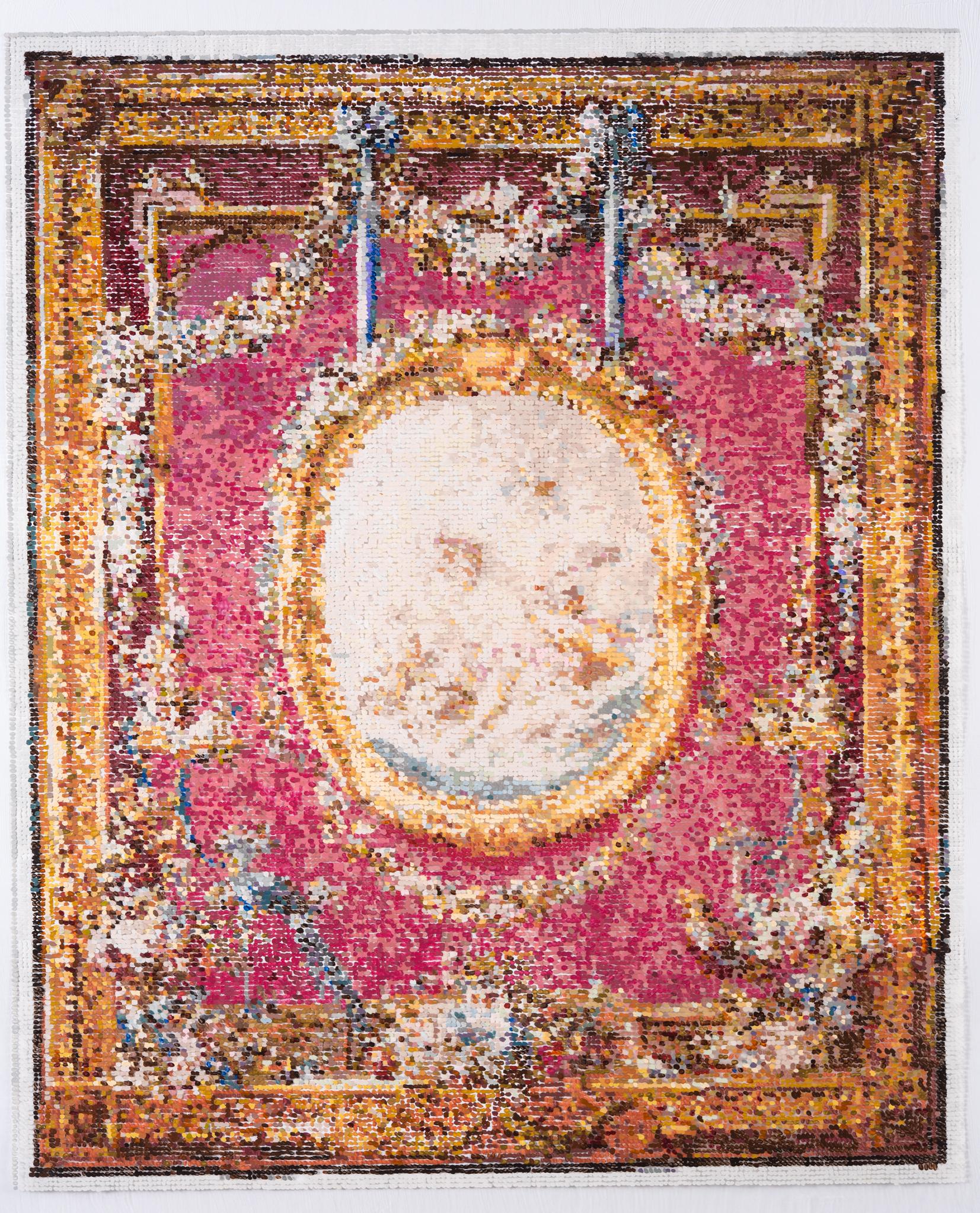 After French Tapestry, Embroidery Painting, Brick Red, Gold, Ivory, Cherubs