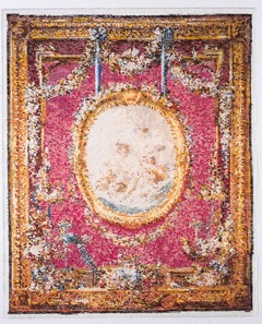After French Tapestry, Embroidery Painting, Brick Red, Gold, Ivory, Cherubs
