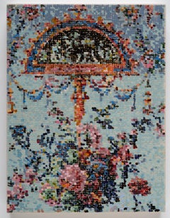 D'après papier peint français demi-lune à motif floral bleu poudre, rouge et botanique, rose