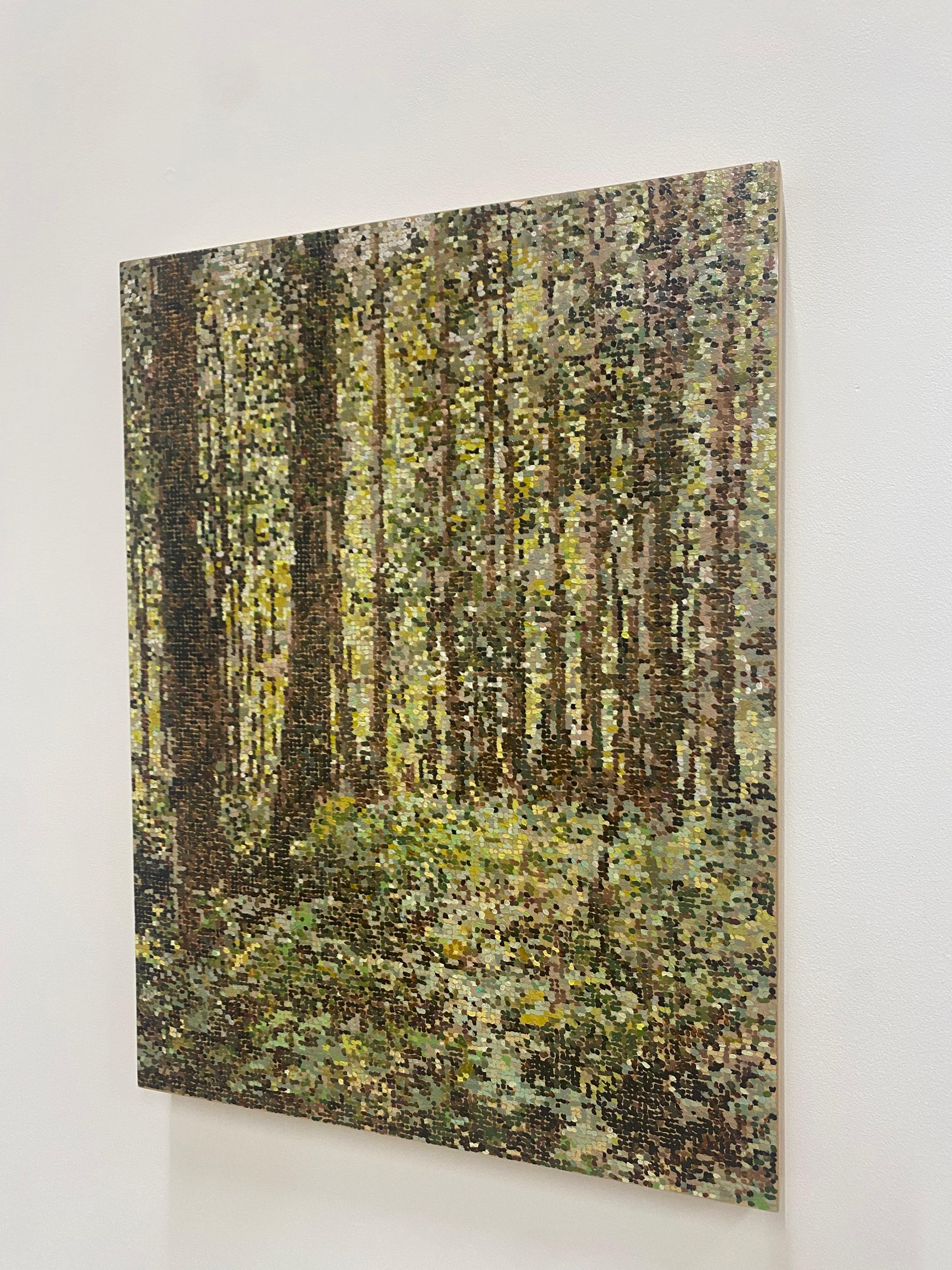 Forestappled Forest, paysage forestier pointilliste, feuilles vertes, arbres bruns, bois en vente 11